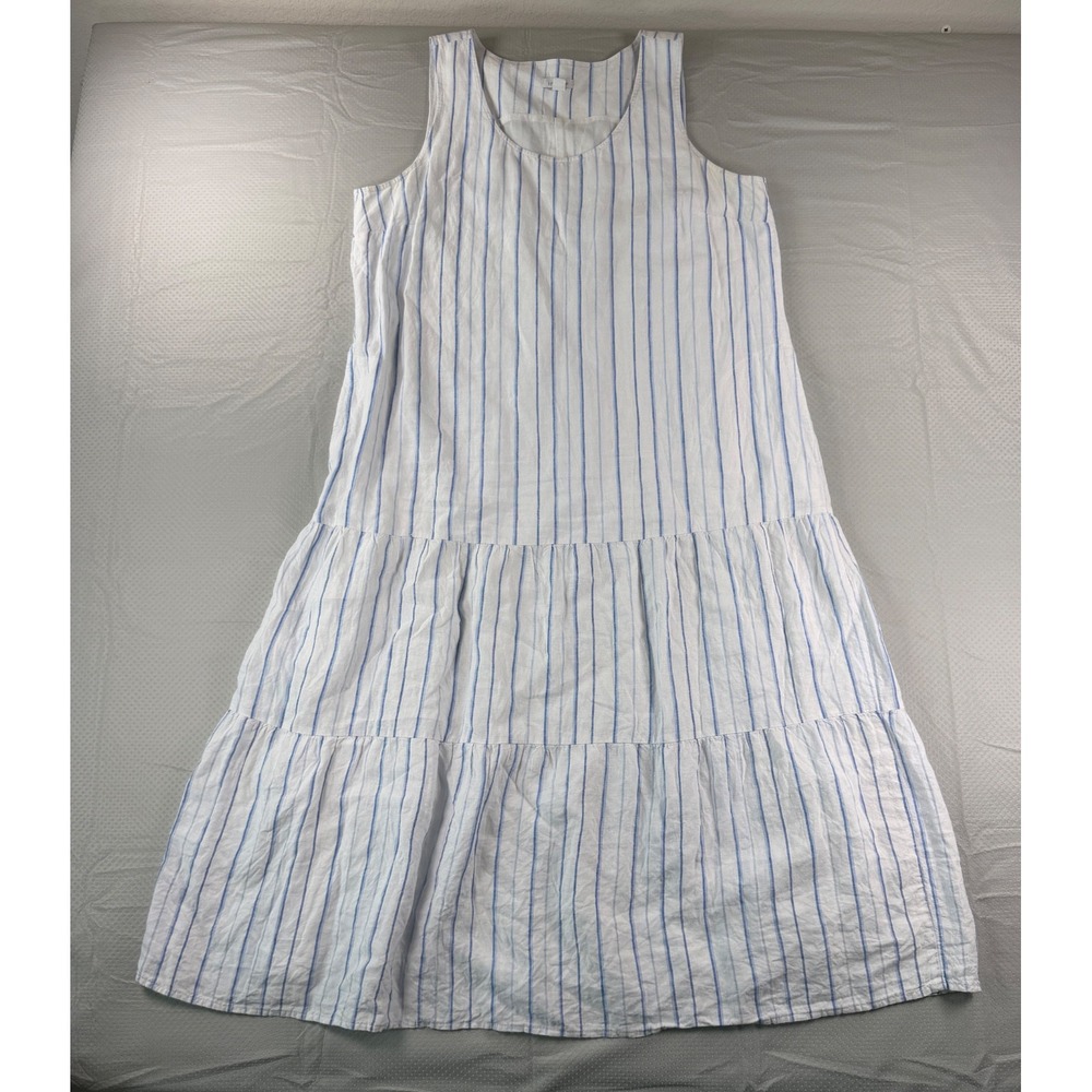 J.Jill Love Linen Dress LP Petite Large Blue White Striped Tiered Maxi Sundress